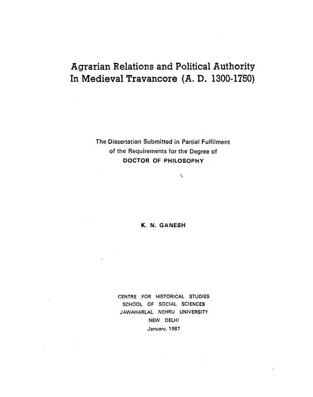 Agrarian Relations and Political Authority, In Medieval Travncore (A.D. 1300-1750)
